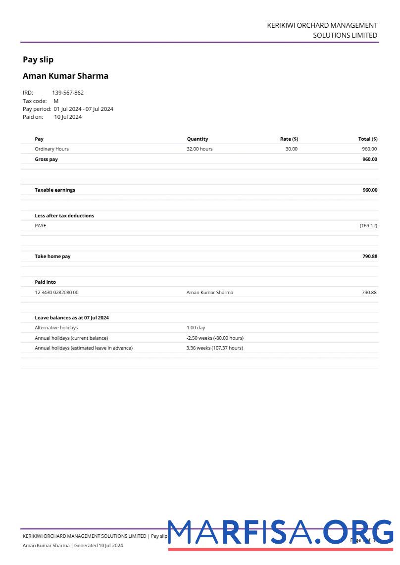 Realistic Kerikiwi Orchard Management Solutions payslip template